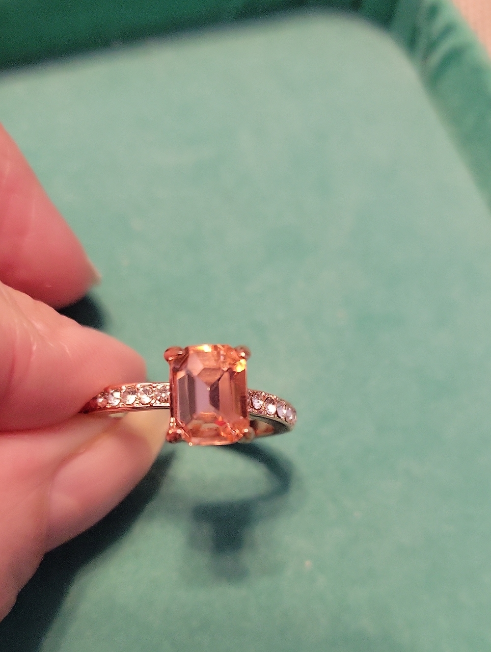 Rose Gold-tone Peach Emerald Cut Solitaire Ring with Pavé Band